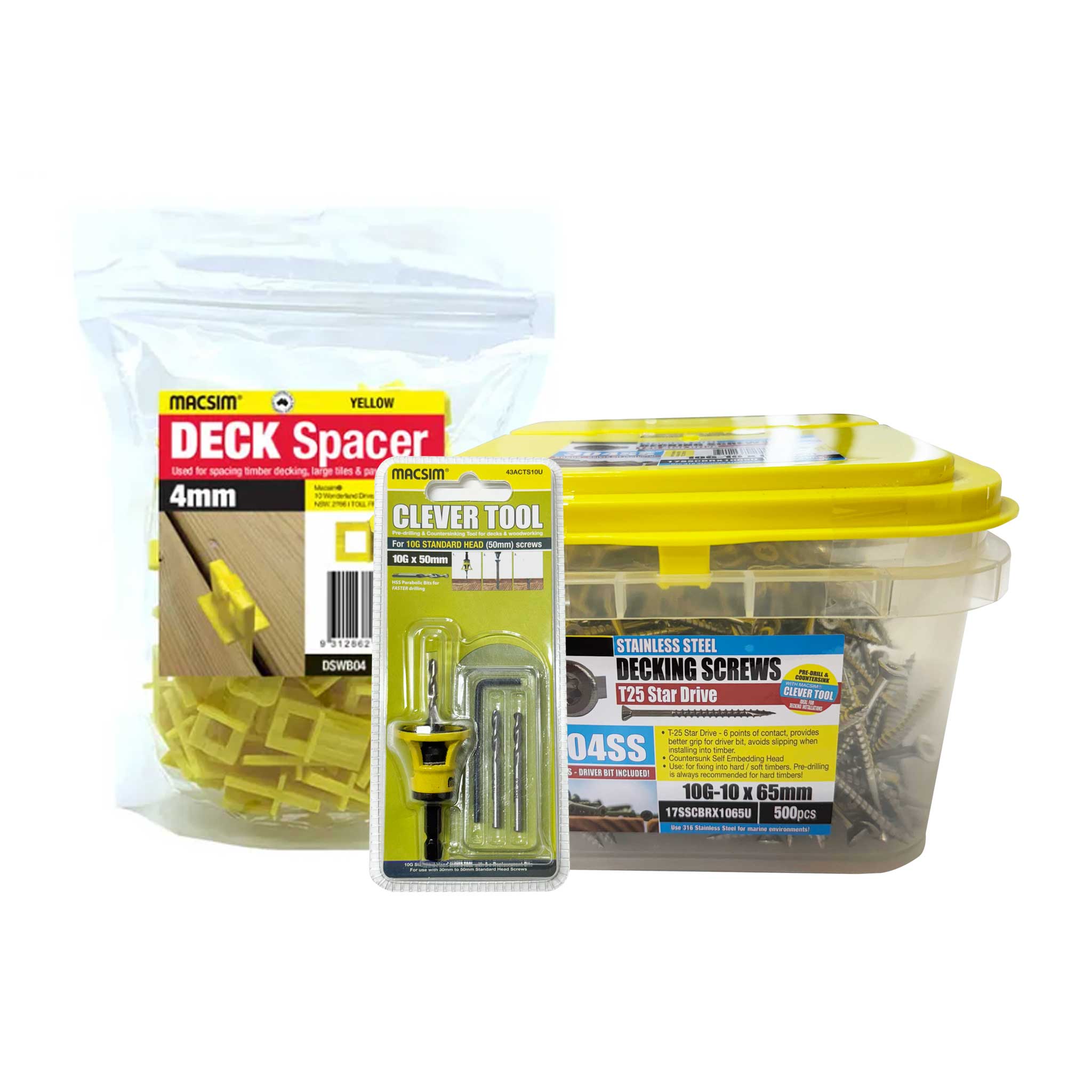 Deck Combo - Decking Screws 10 x 65 mm 500pcs, Clever Tool & Deck Spacers