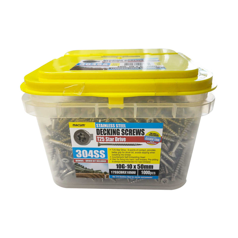 Decking Screws 10 x 50 mm, 10G T25 Star Drive, 304 Stainless Steel, 1000pc Tub